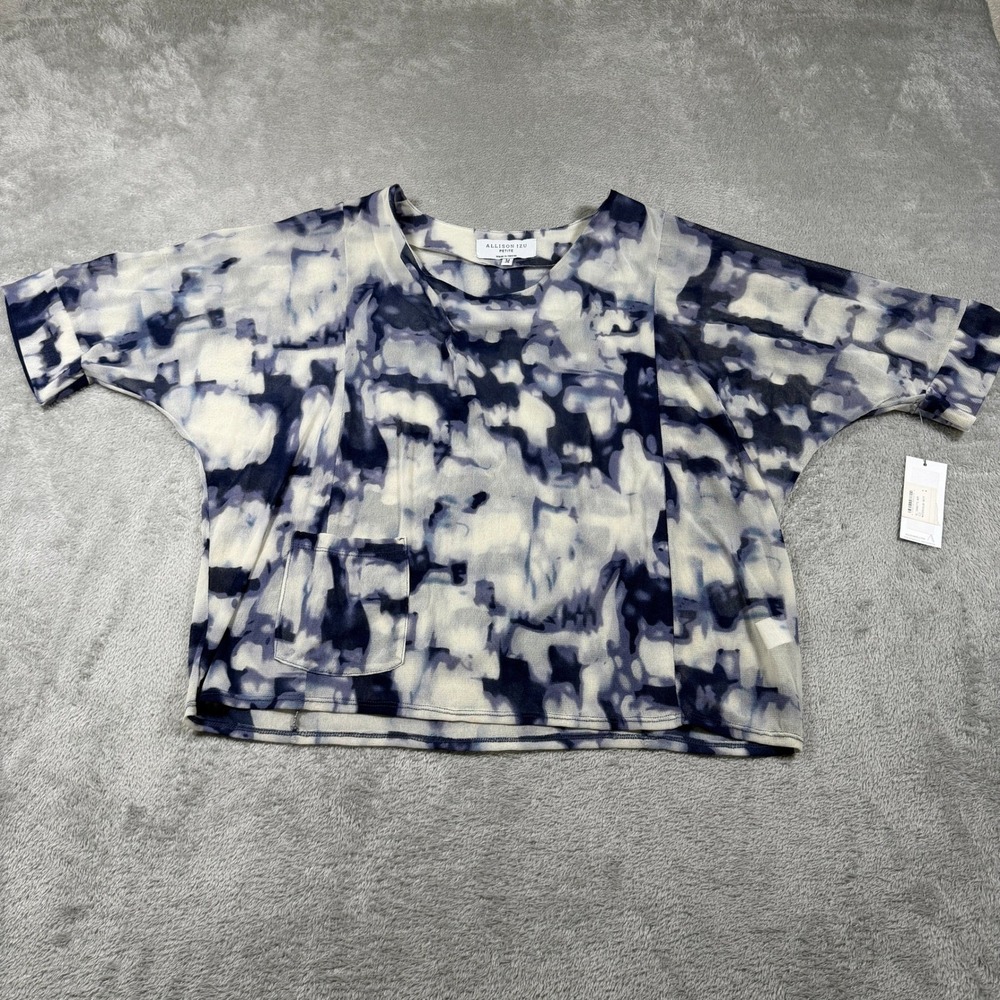 Allison Izu Petite Top Womens Medium Blue Tie Dye Mesh Short Sleeve Pocket NWT